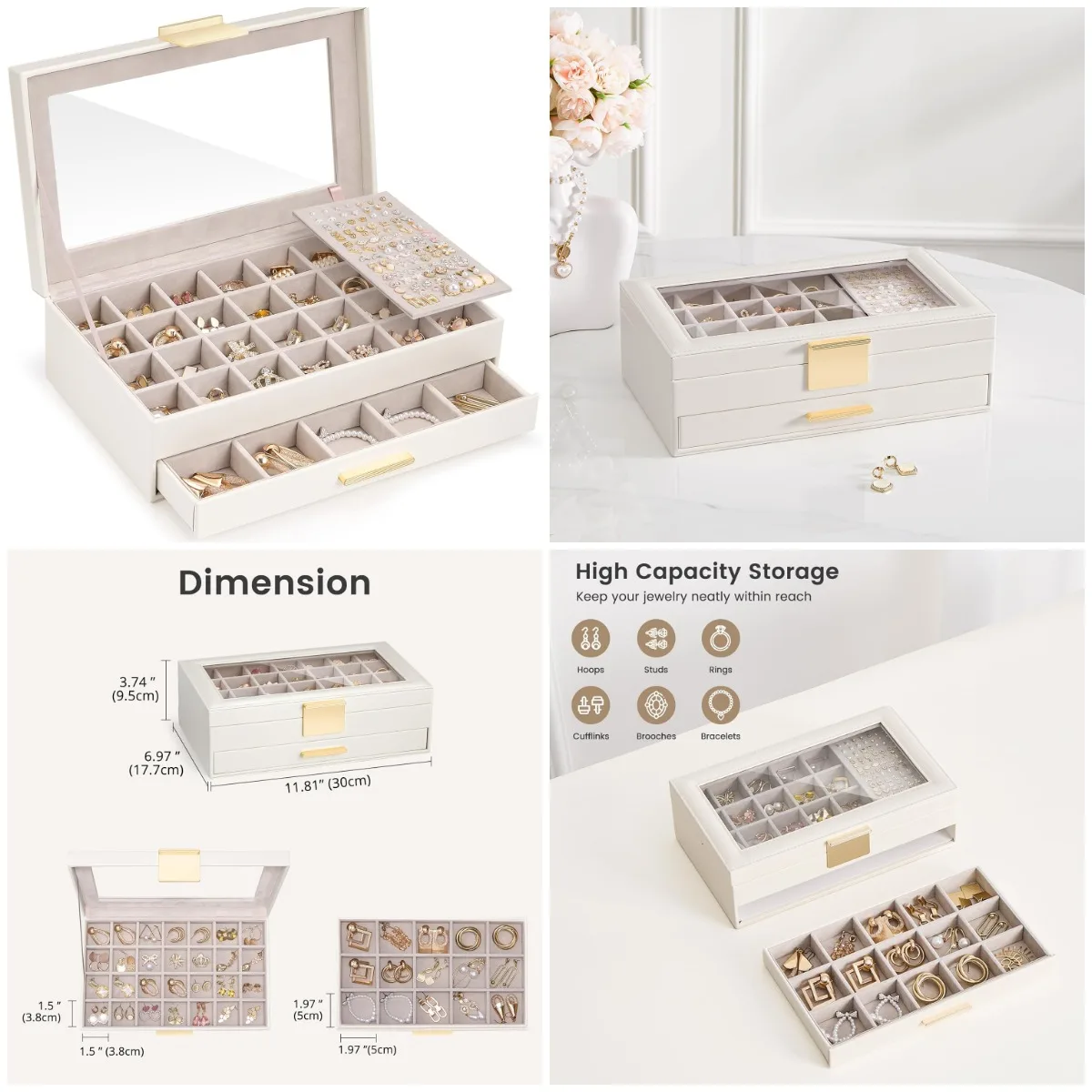 

Large Earring Storage Box with Glass Top, 2-Tier Organizer, White