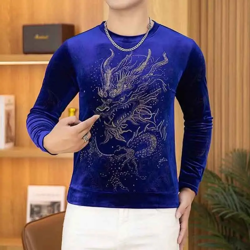 European Men's Autumn New Hot Diamond Dragon Sweatshirt Fashion Long Sleeve T-Shirt Round Neck Undershirt