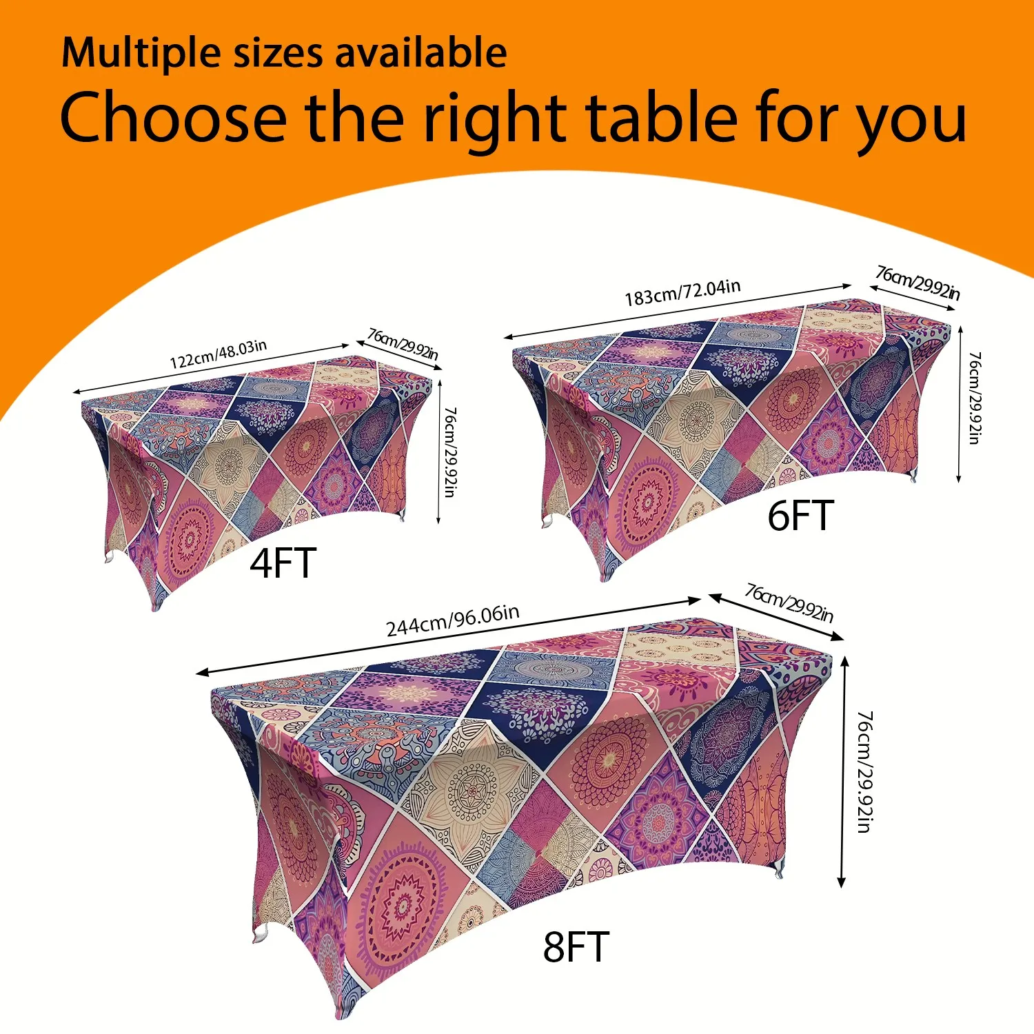 1PC Boho Mandala Patchwork Elastic Tablecloth, 4/6/8FT Summer Outdoor Stretch Table Cover, Machine Washable Re
