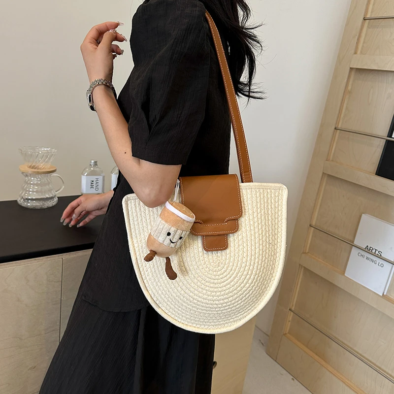 Bolso tejido de gran capacidad para mujer, bolso de hombro abierto con hebilla magnética portátil, bolso colgante de Material PU, novedad de verano