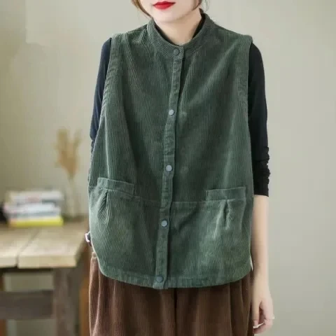 

Женский вельветовый жилет на осень-весну, новый, повседневный, на одной пуговице, стандартной длины, из других материалов, 00%