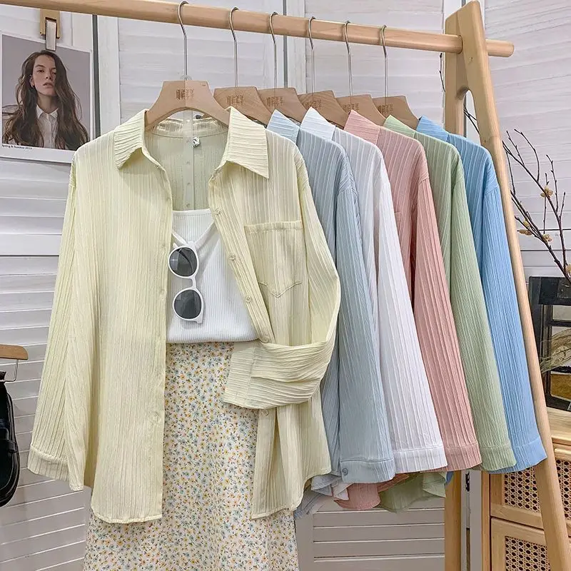 Long Sleeve Shirts Womens Striped Button Down Blouses Oversized Neutral Boyfriend Style Casual Autumn Comfortable Streetwear