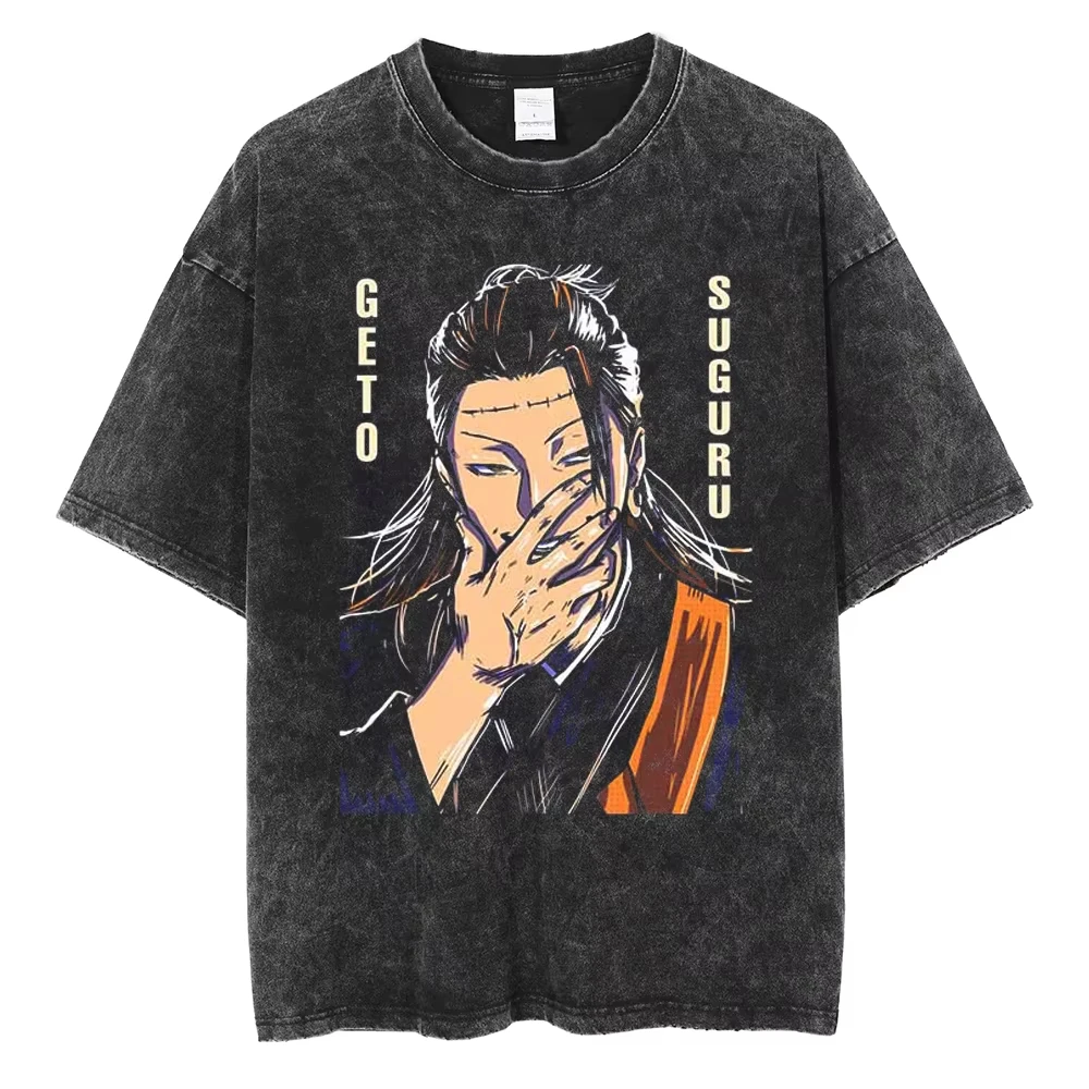 

Anime Jujutsu Kaisen Printed T-Shirt in Washed Cotton Unisex Streetwear Oversized Loose Casual Vintage Washed Short Sleeve