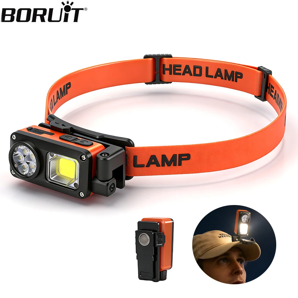 BORUiT Motion Sensor Headlamp Lightweight Cap Clip Light Type-C Rechargeable Headlight With Magnetic Camping Fishing Head Light