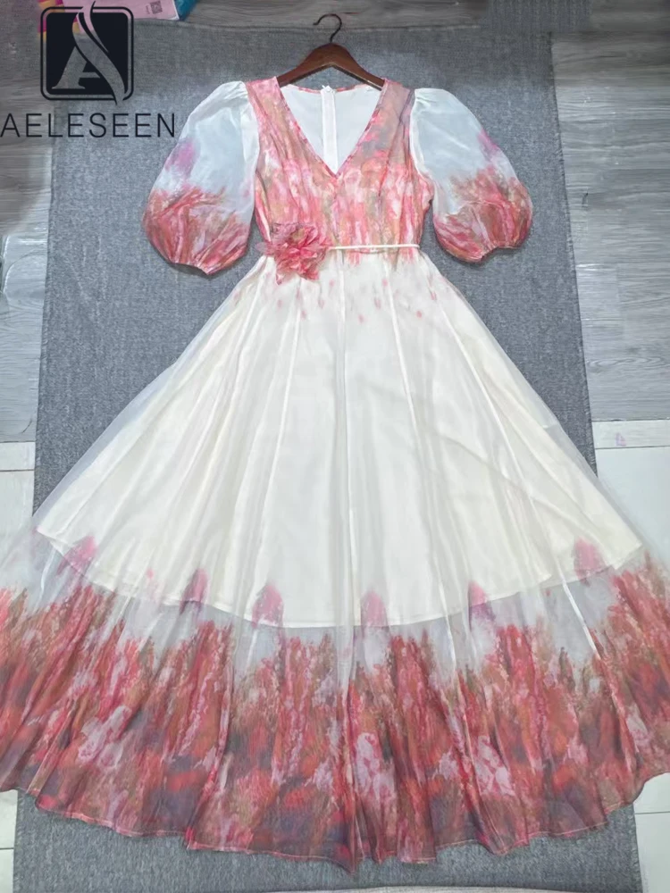 

AELESEEN 2025 New Spring Summer Puff Sleeve Women's Dress with Straps Printed Fairy Style Mid-length Elegant Flared Dress