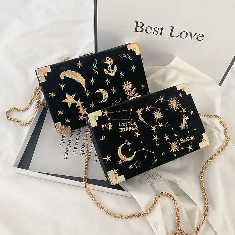 Velvet Small Square Bag For Women 2024 New Korean Embroidery Fashion Versatile Chain Single Shoulder Messenger Box Bag