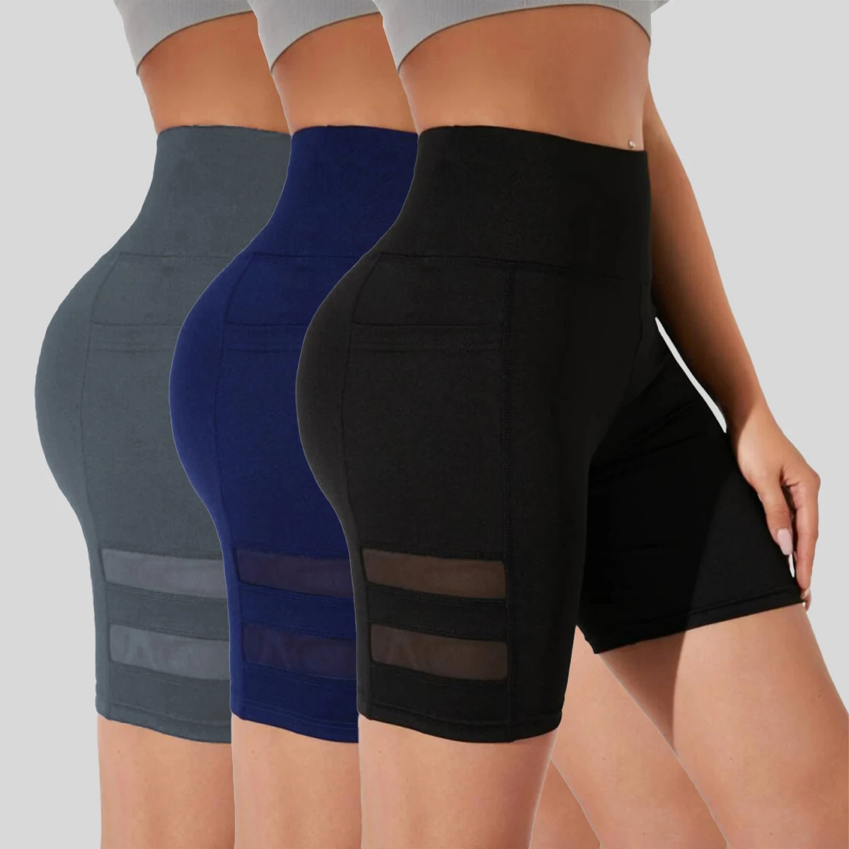 

Women high waist leggings short pants stripe Design with quick drying and breathable hidden pockets for fitness running cycling