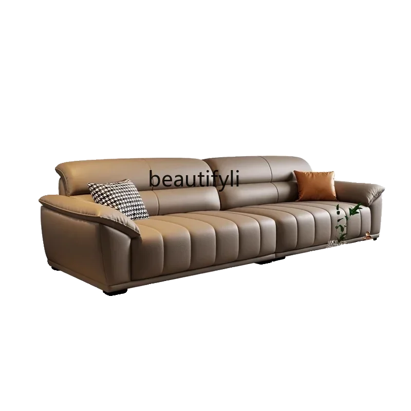 

New Light Luxury All leather sofa retro coffee color, new medieval style, straight row against the wall, one-character open edge