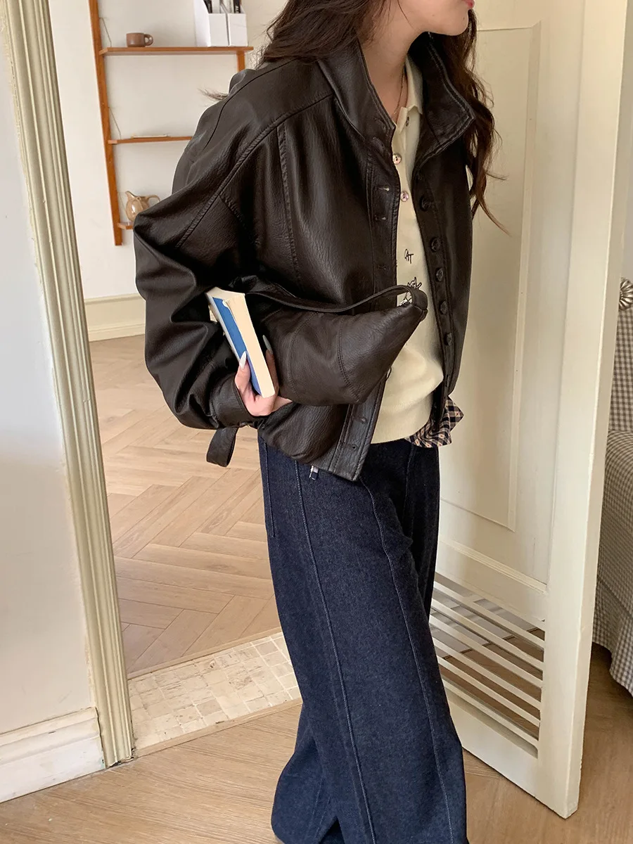 Inverno feminino 2025 casual solto couro PU jaqueta de motocicleta manga comprida casaco elegante