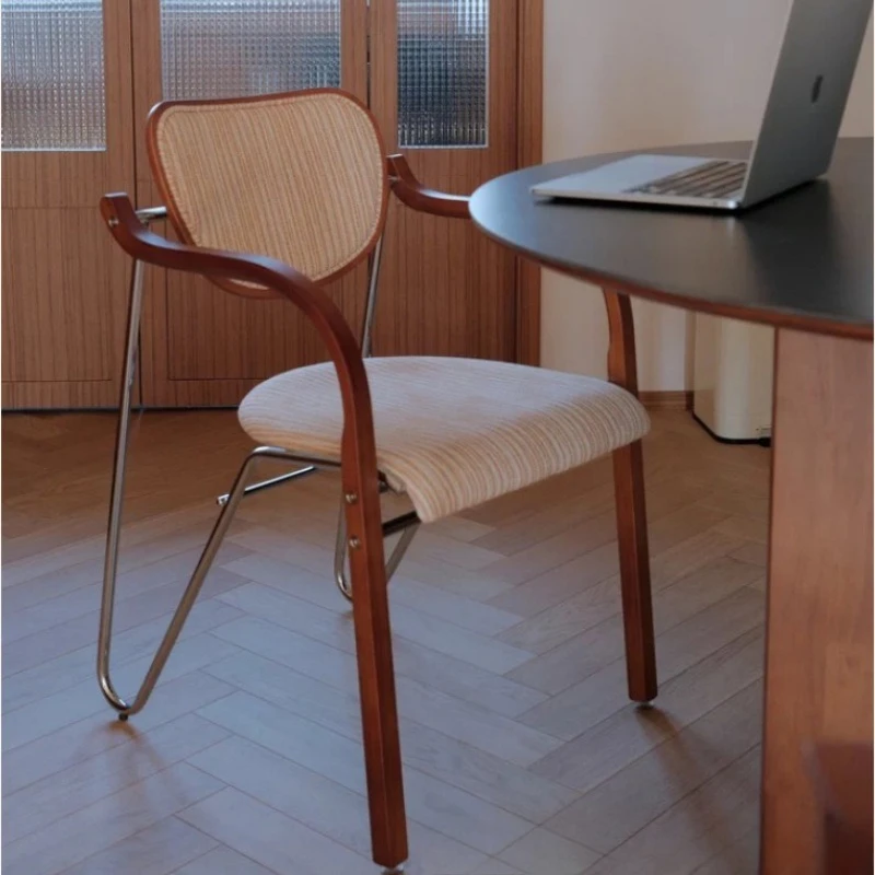 Mid-Century Dining Chair, Light Luxury Solid Wood Armrest Upholstered Stool for Home, Designer Seat