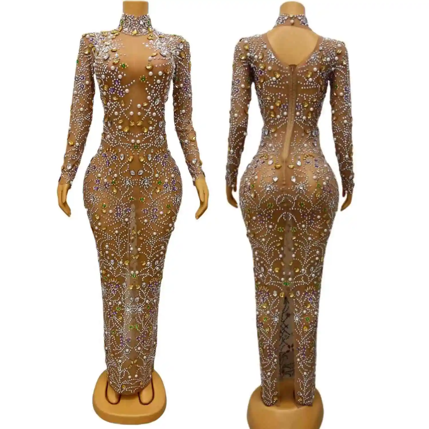 

Pearls Sparkly Rhinestone Mesh Evening Gown Sexy Women Long Sleeved Dress Birthday Celebrate Prom Outfit Fashion Couture Haitang