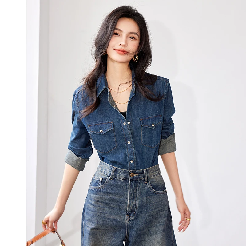 Autumn Women Lapel Button Blue Long Sleeves Denim Jean Shirts Pocket Slim Tops Blouse Blusas Mujer