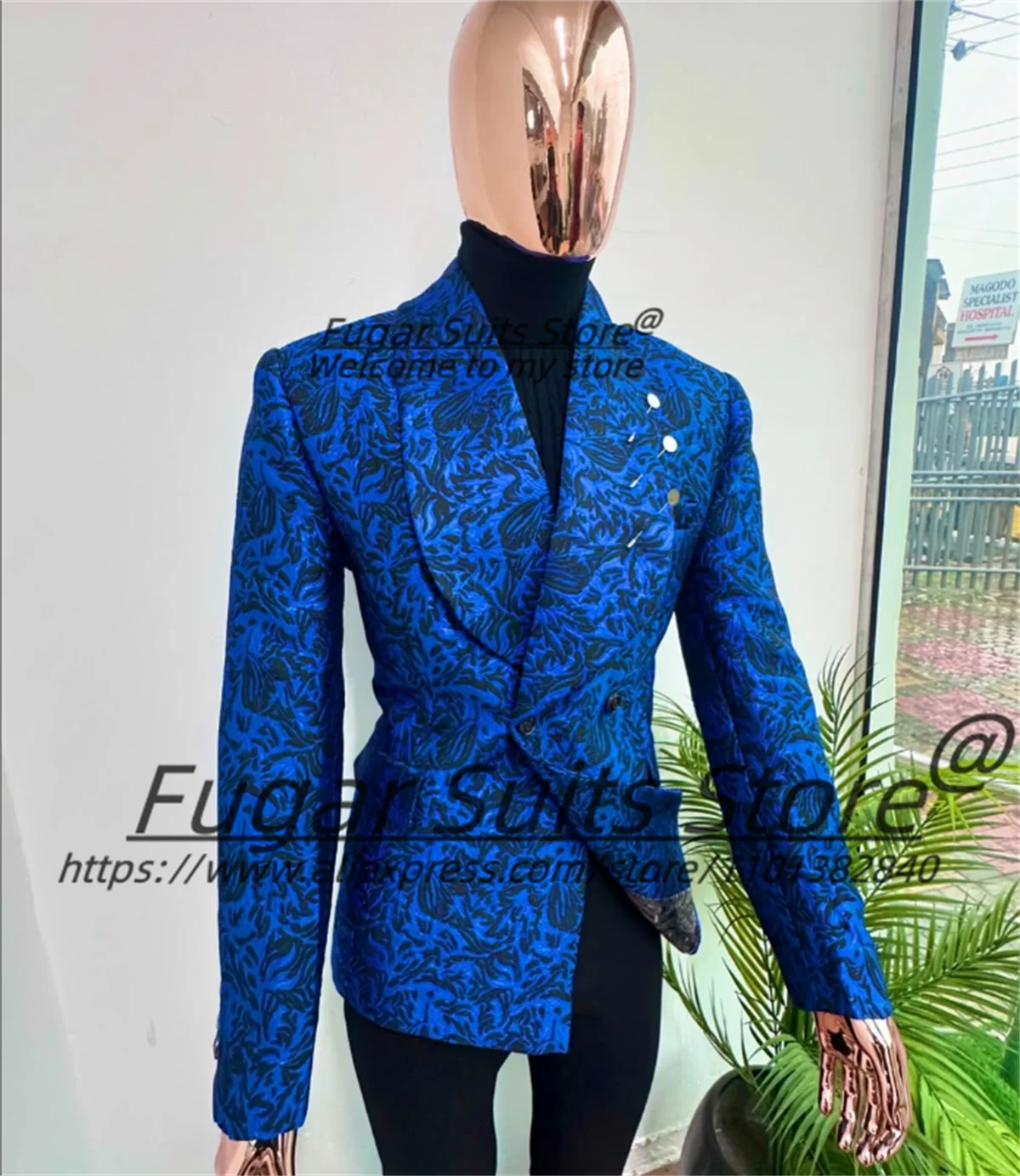 

Elegant Blue Jacquard Men Suits Customized Slim Fit Shawl Lapel Groom Wedding Tuxedos 2 Pcs Sets Male party Blazers Ropa Hombre