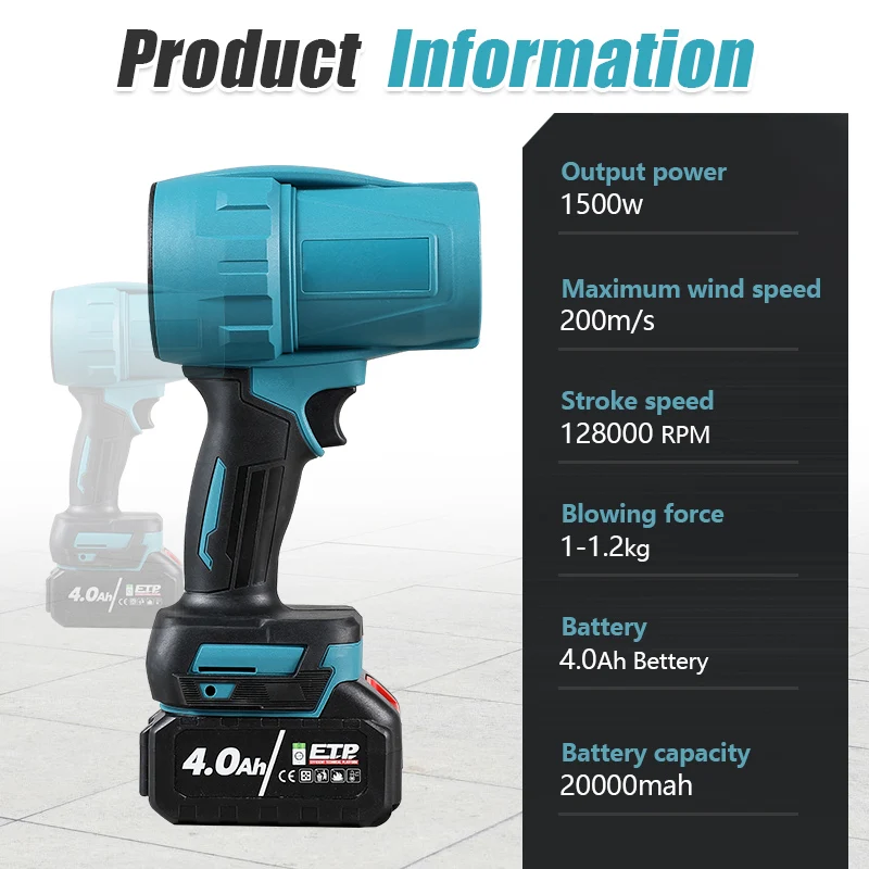 전기 터보 송풍기 제트 선풍기, 무선 폭력 자동차 건조기, 마키타 18V 배터리용 핸드헬드 먼지 블로잉 도구, 1500W, 21V, 200 M/S