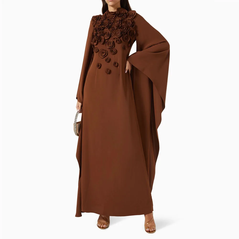

Customized Brown Ankle Length Maxi Dress 3D Flower A Line Prom Dresses High Neck Flare Sleeve Muslim Formal Party Gowns