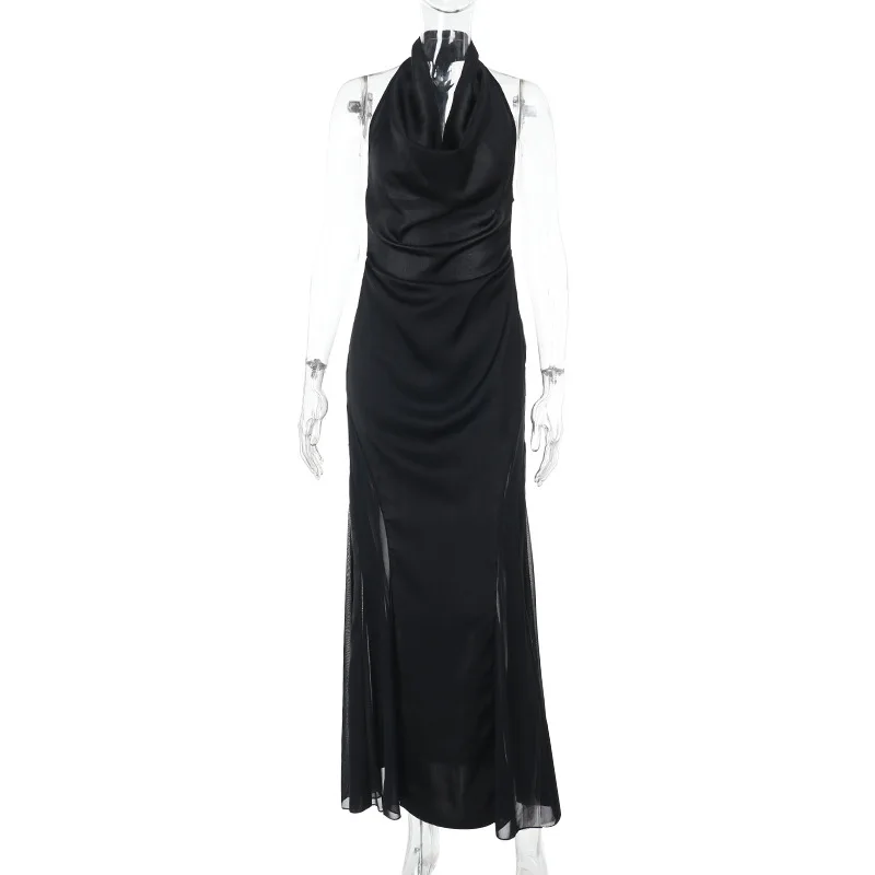Goth Dark Mall Goth Solid Halter Abito lungo Hot Sexy Backless Bodycon Party Gwon Y2K Grunge Mesh Stitch Hem Abiti lunghi Donna