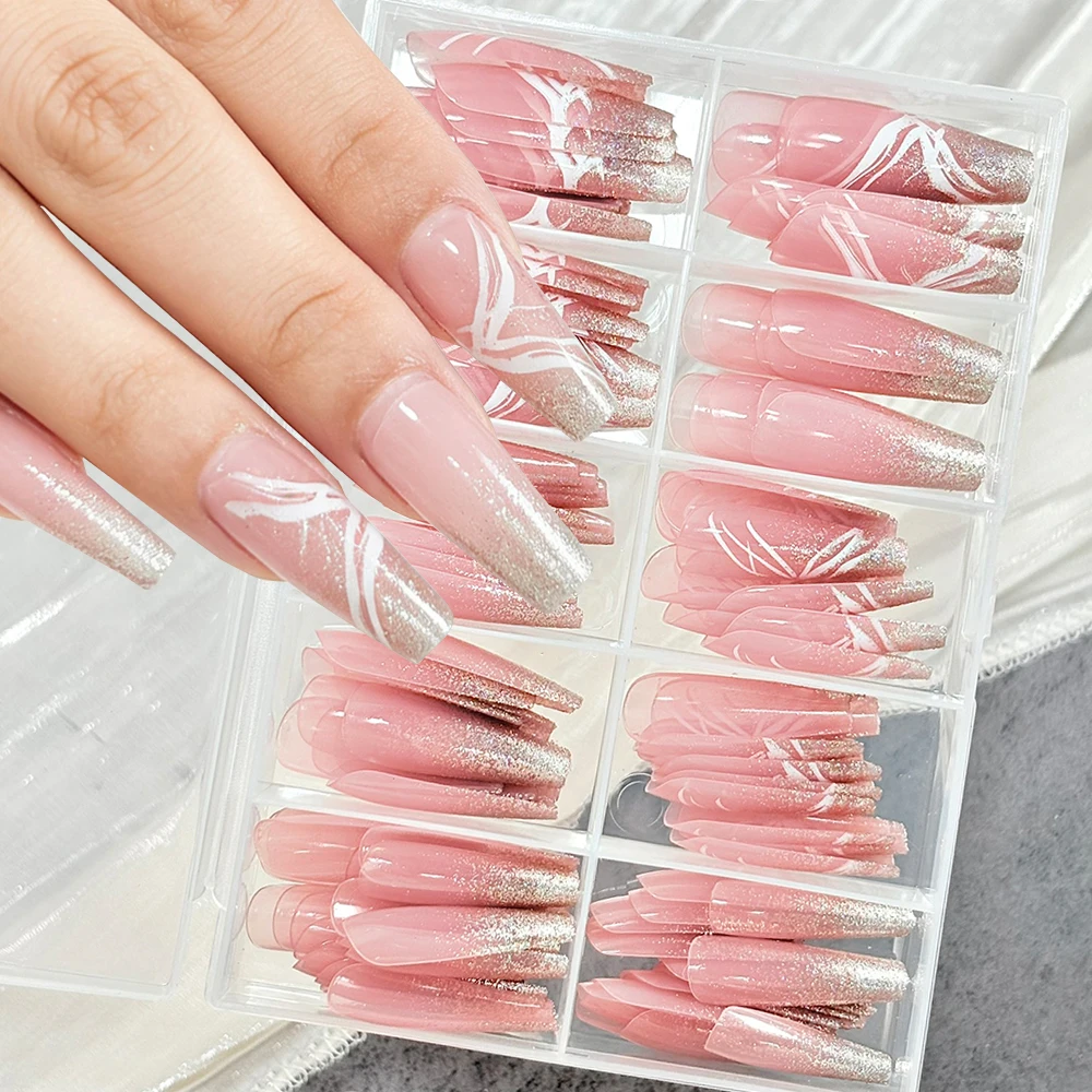 

120 шт. розовых длинных гелевых накладных ногтей «Кофин» с белыми линиями-бабочками, полупрозрачные, розовые, для полного покрытия, весенние, накладные ногти T