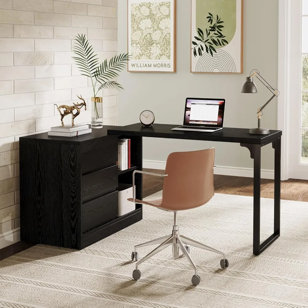 

L-Shaped Computer Desk with Drawers and Shelves, Reversible Corner Office Desk with Storage Cabinet, Modern Study Writing Table
