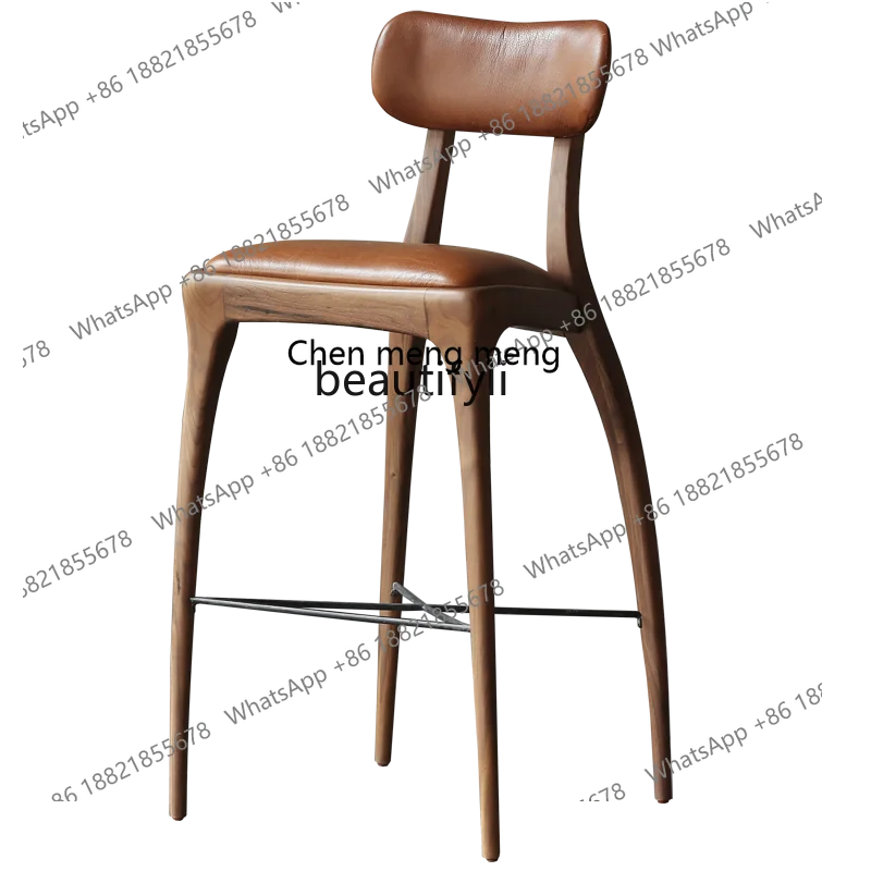 Modern Simple and Light Luxury Creative Designer Model Walnut Solid Wood Leather Bar Stool Chair