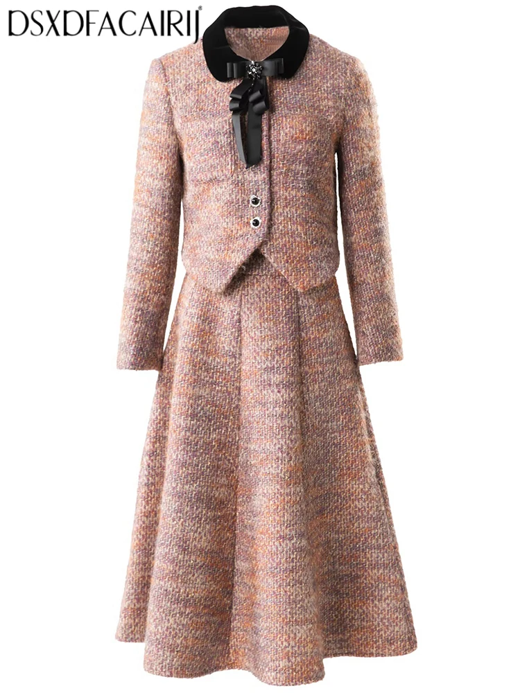 DSXDFACAIRIJ Women's Beading Bow Single-Breasted Jacket + Skirt Tweed Office Lady Tweed 2-Piece Set Fashion Autumn Females