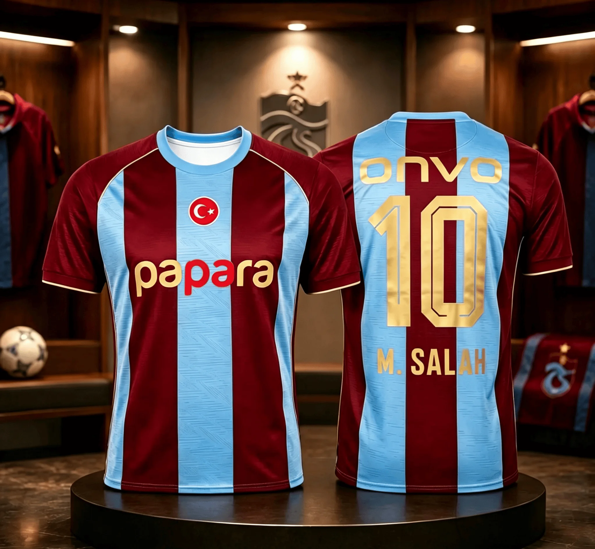 Burgundy Light Blue Vertical Striped M.SALAH Number 10 Soccer Jersey
