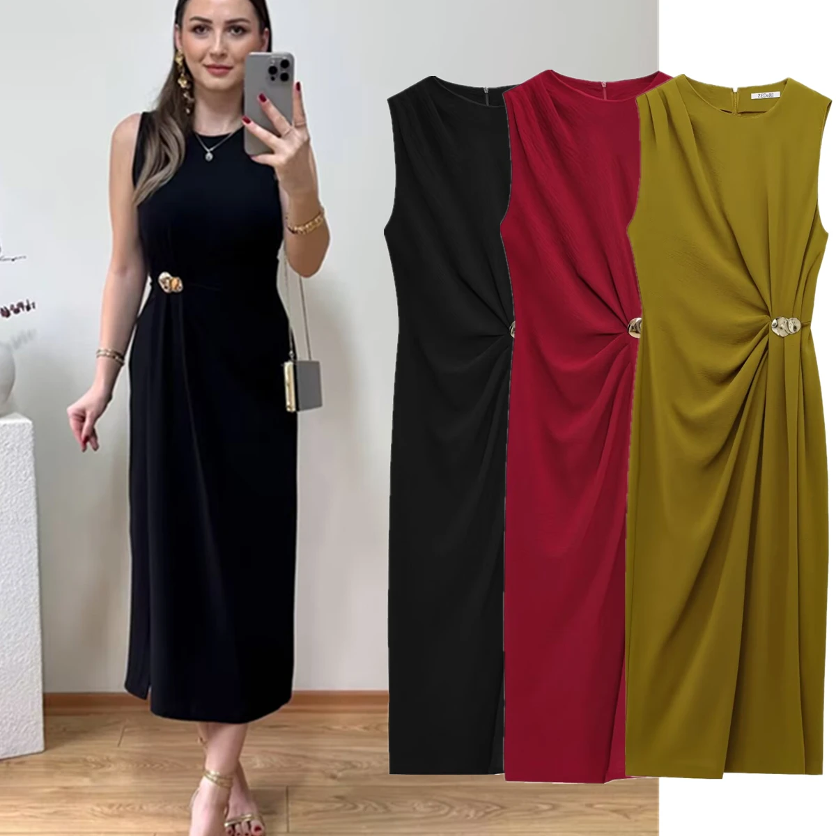 

Maxdutti Minimalist Solid Color Summer Tank Dress For Women French Pleated Texture Elegant Commuter Dress Women