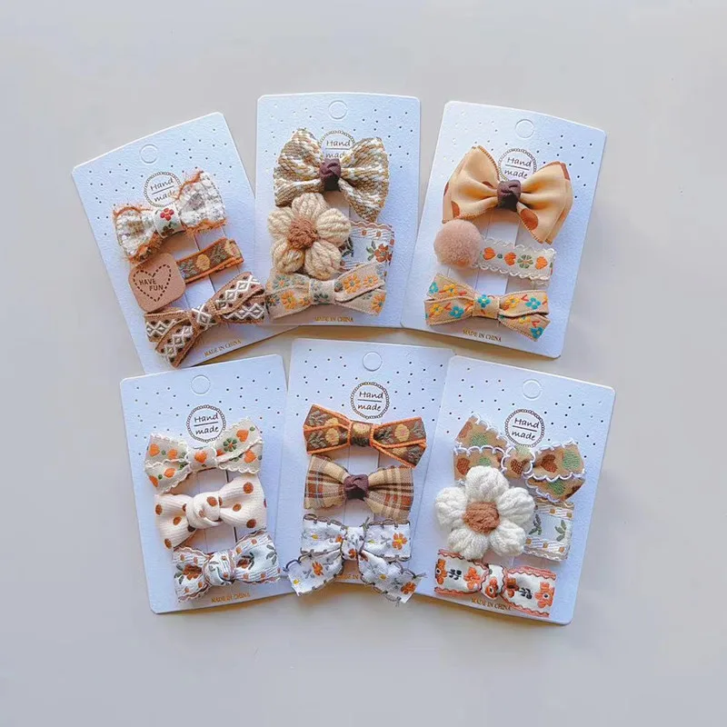 3Pc/set No Harm Baby Fabric Hair Clips French Retro Lace Bow Barrettes Woolen Crochet Flower Hairpins Cute Plush Ball Side Clips