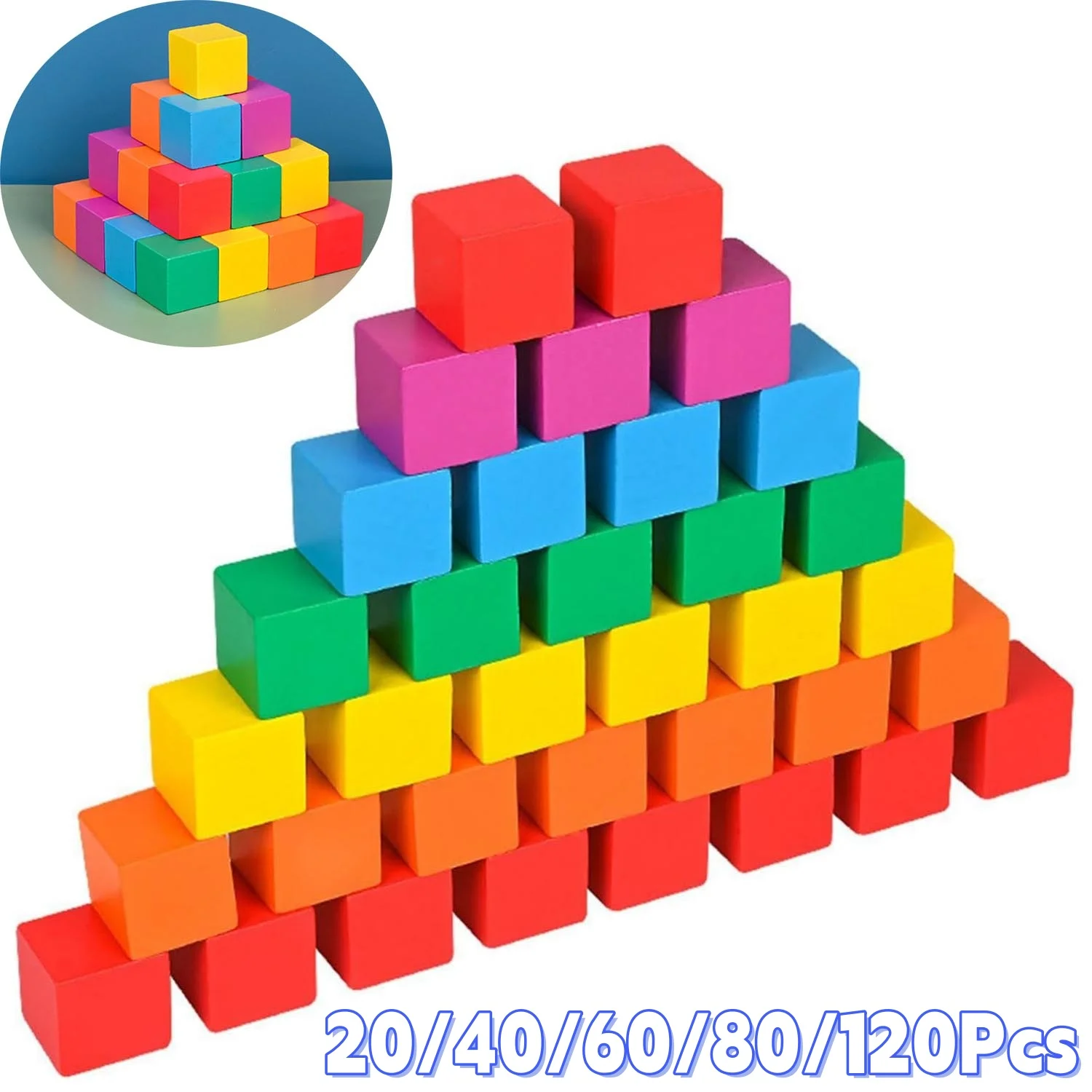 Wooden Building Blocks Square Stacking Blocks Montessori Toys for Toddlers, Colour Sorting Stacker Educational Cube 2cm