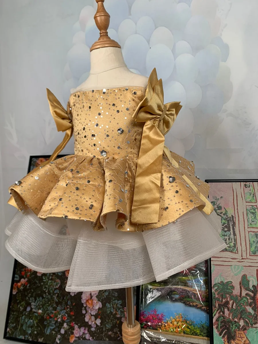 

New Gold Baby Girl First Birthday Party Dress Tutu Outfit Short Puffy Skirt Baby Dress Wedding Kid Guest Photo Gown with Bow