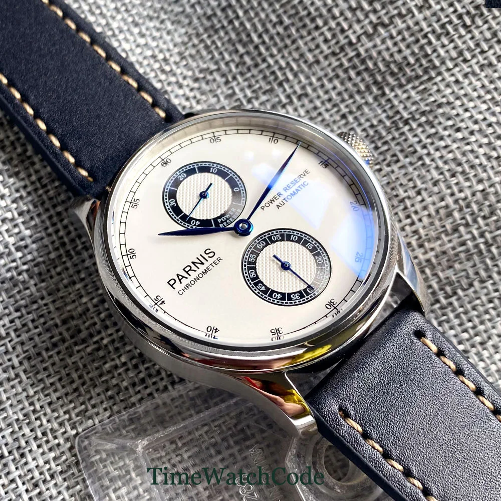 43mm Parnis Automatic Mechanical Men\'s Watch ST 2542 White Dial Power Reserve Display Small Seconds Black Leather Strap 316L