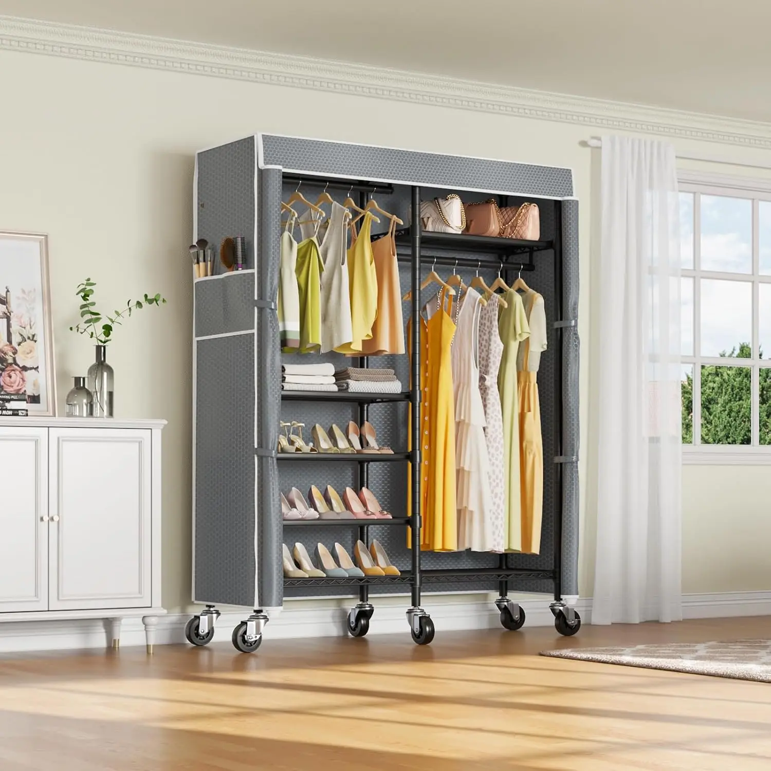 Portable Clothes Rack with Cover & Wheels, Rolling Garment Storage Organizer, Customized