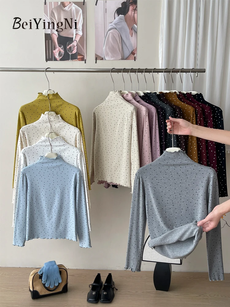 

Beiyingni 2025 Korean Fashion Women's T-shirts Dots Printed Edible Tree Fungus Autumn Winter Full Sleeve Top Basic Y2K Tshirt