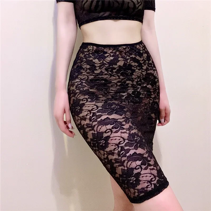 EAUCE-Jupe crayon en dentelle pour femmes, mini jupe plissée, noire, ronde, micro, longue, transparente, vêtements de boîte de nuit, été