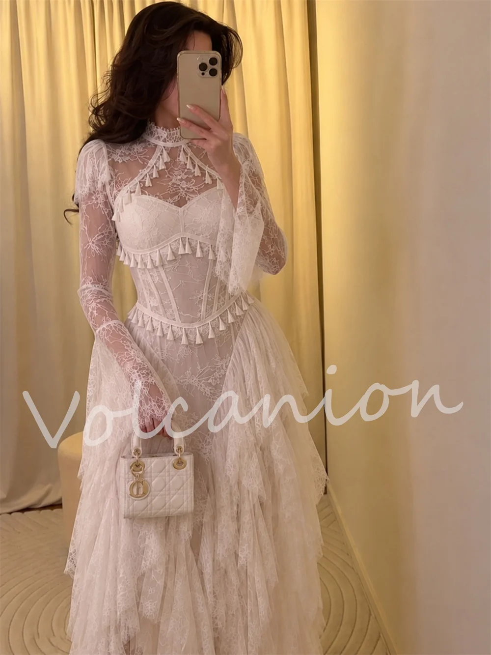 Customized Classic Lace Pleat Ruffle Tassel A-line Scoop Neck Midi Bespoke Occasion Evening Dresses Luxury
