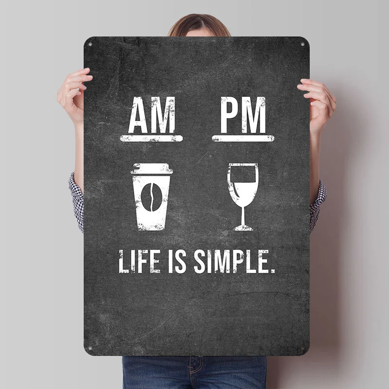 AM القهوة PM النبيذ المعادن المشارك تين علامات جدار الفن خمر زينة مخصص علامة معدنية للديكور المنزل ديكور الغرفة الجمالية