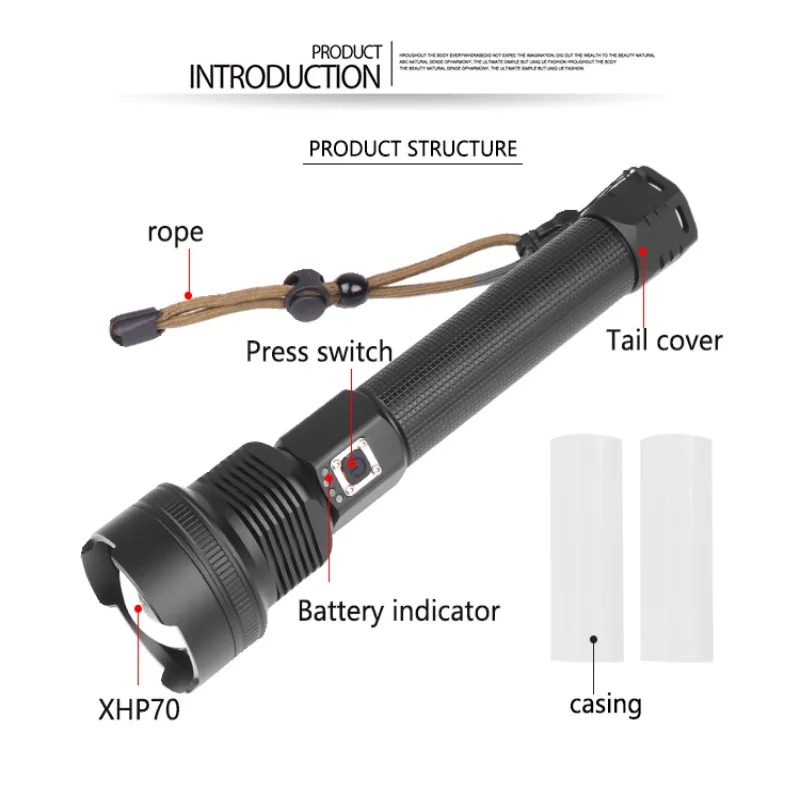 XHP90 High-Intensity Flashlight TYPE-C Charging with Display, P70 High-Intensity Zoom Flashlight with Shoulder Strap