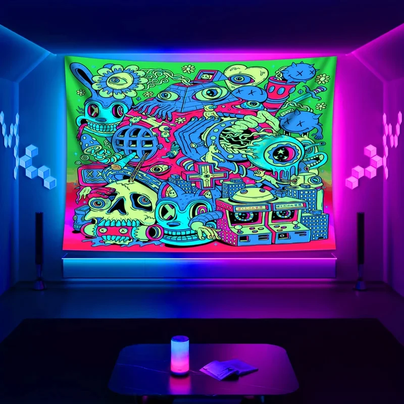VIKAMA UV-Reaktiver Psychedelischer Wandteppich Trippy Cartoon Wandbehang Schwarzlicht Ästhetische Wandteppiche für Schlafzimmerdekoration