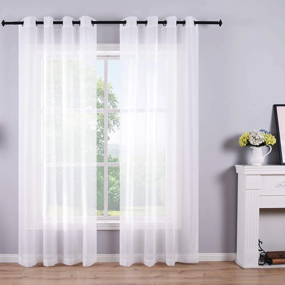 Y51A-Sheer Curtains White Grommet Set Of 2 Panels Window Sheer Semi Drapes Polyester Look Voile Curtains For Bed Room
