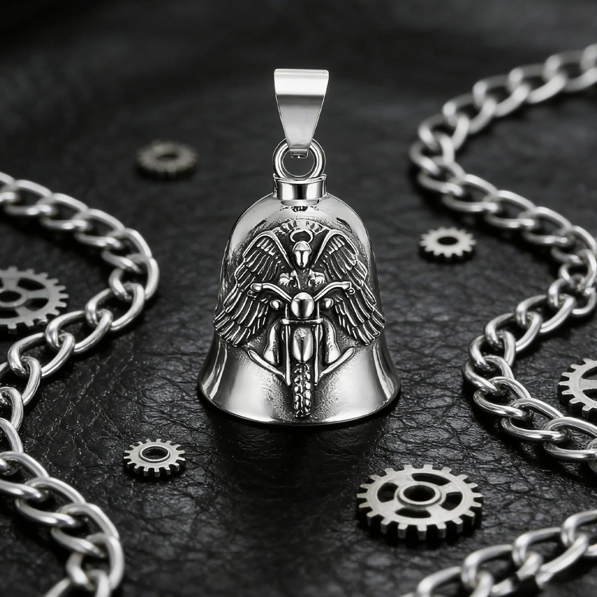 Retro-style metal motorcycle pendant, with a bell-shaped design engraved with a winged motorcycle pattern. - view 3
