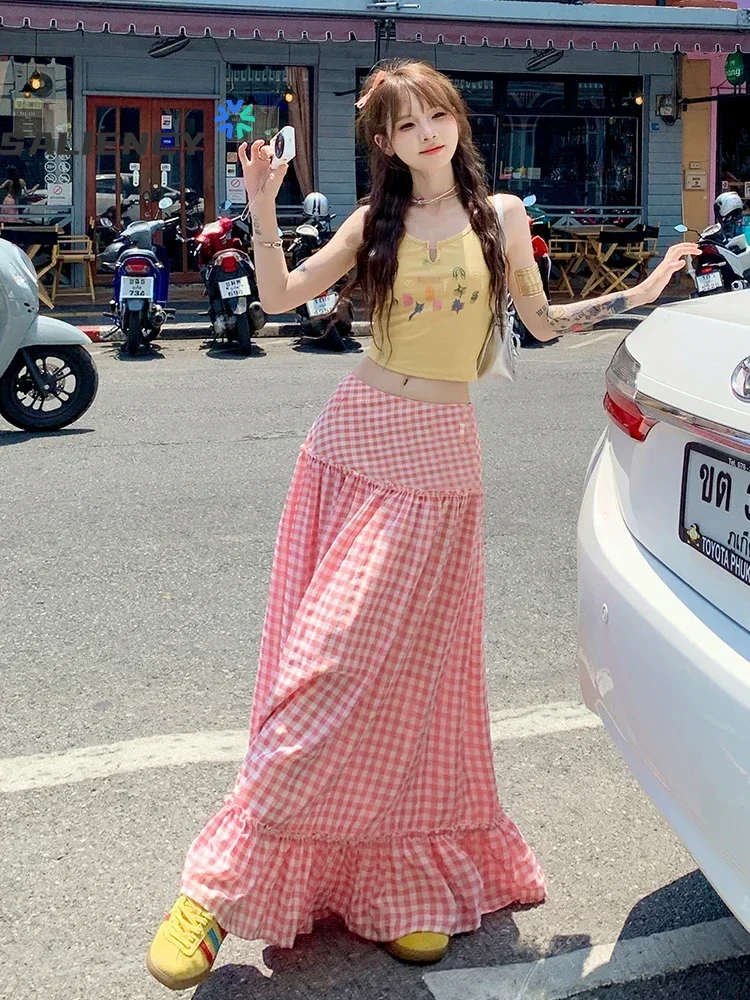 

Saliency Dopamine Oni Pink Plaid Vintage Skirt Women Summer High Waist Draped Large Swing Umbrella Midi Skirt Korean Female Y2k