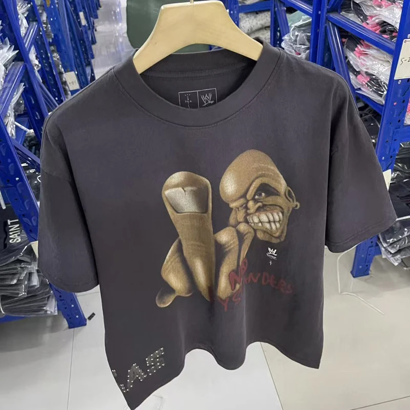 Cactus Jack T Shirts Portrait Skull Pattern Letter Print Men Women Loose Casual Hip-hop Rap Short Sleeve Top Tee