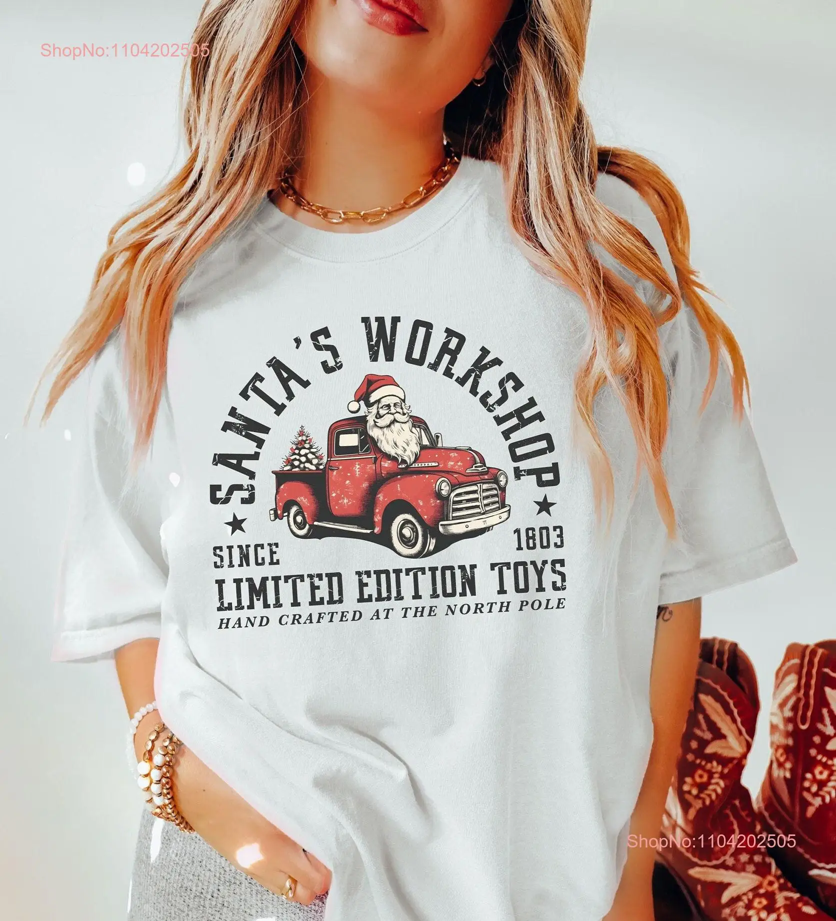 Santa's Workshop Vintage Style Christmas T Shirt Retro Santa Holiday Apparel for her long or short sleeves