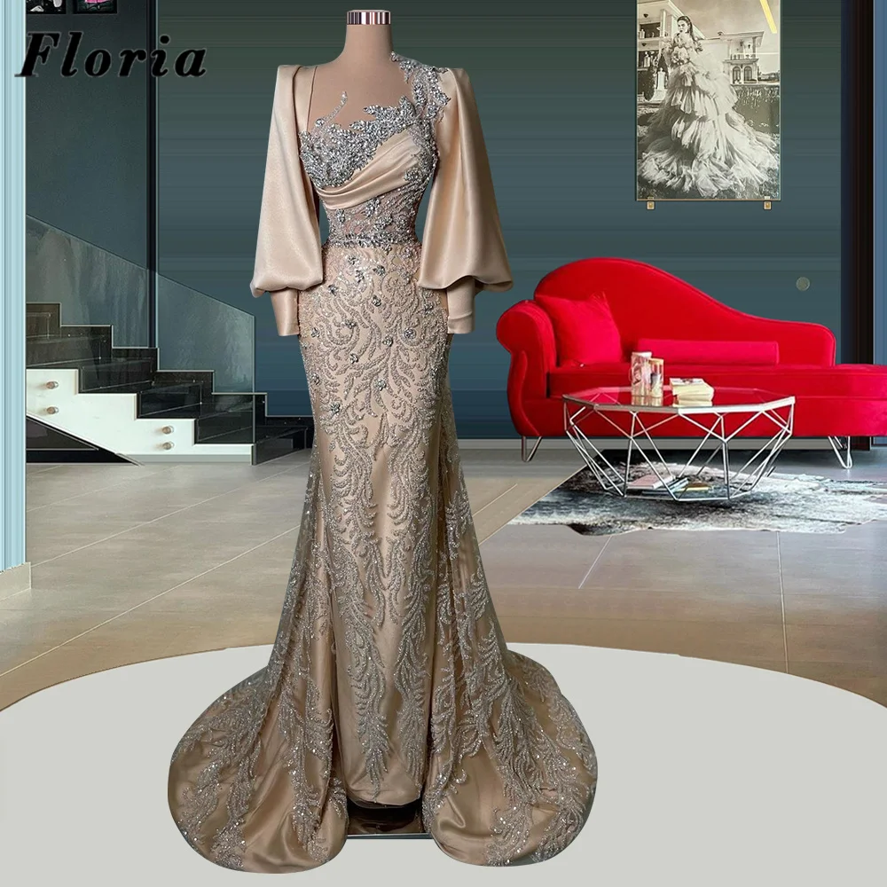 

Middle East Champagne Beaded Celebrity Dresses Puffy Sleeves Evening Dress Dubai Design Cocktail Crystals Wedding Party Gowns