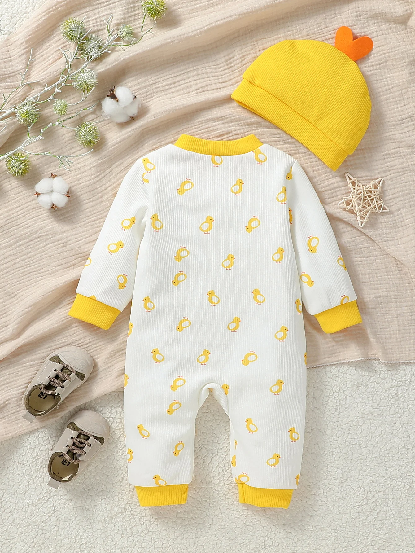 Baby Boys/girls Cute Long Sleeve Zipper Jumpsuit Duck Hat 2 Pieces For Fall/Winter 1-2Y Casual Daily Wear Clothes