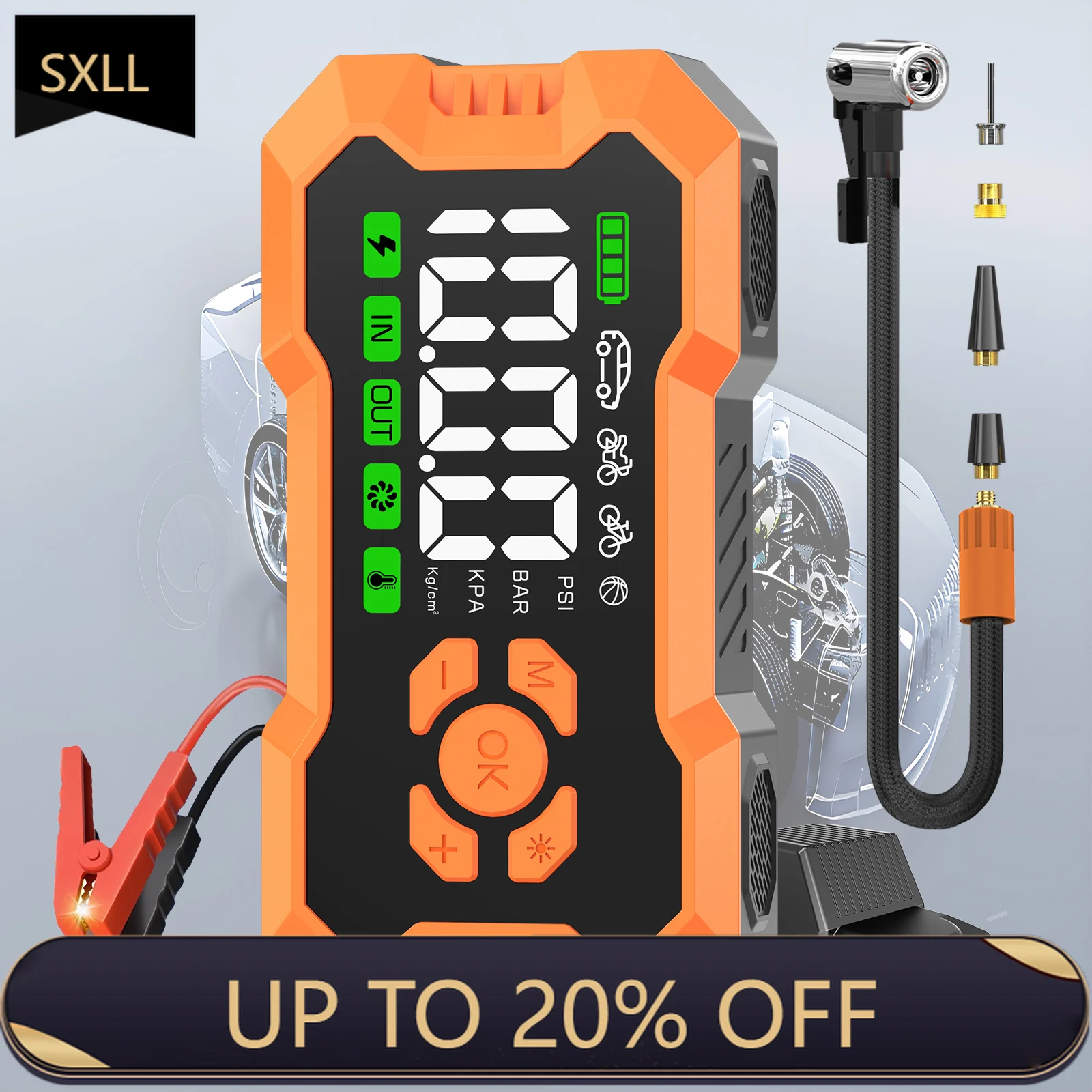 

SXLL Car emergency start power supply with air pump 24v 12v air pressure compressor booster tire inflator portable LED light wi