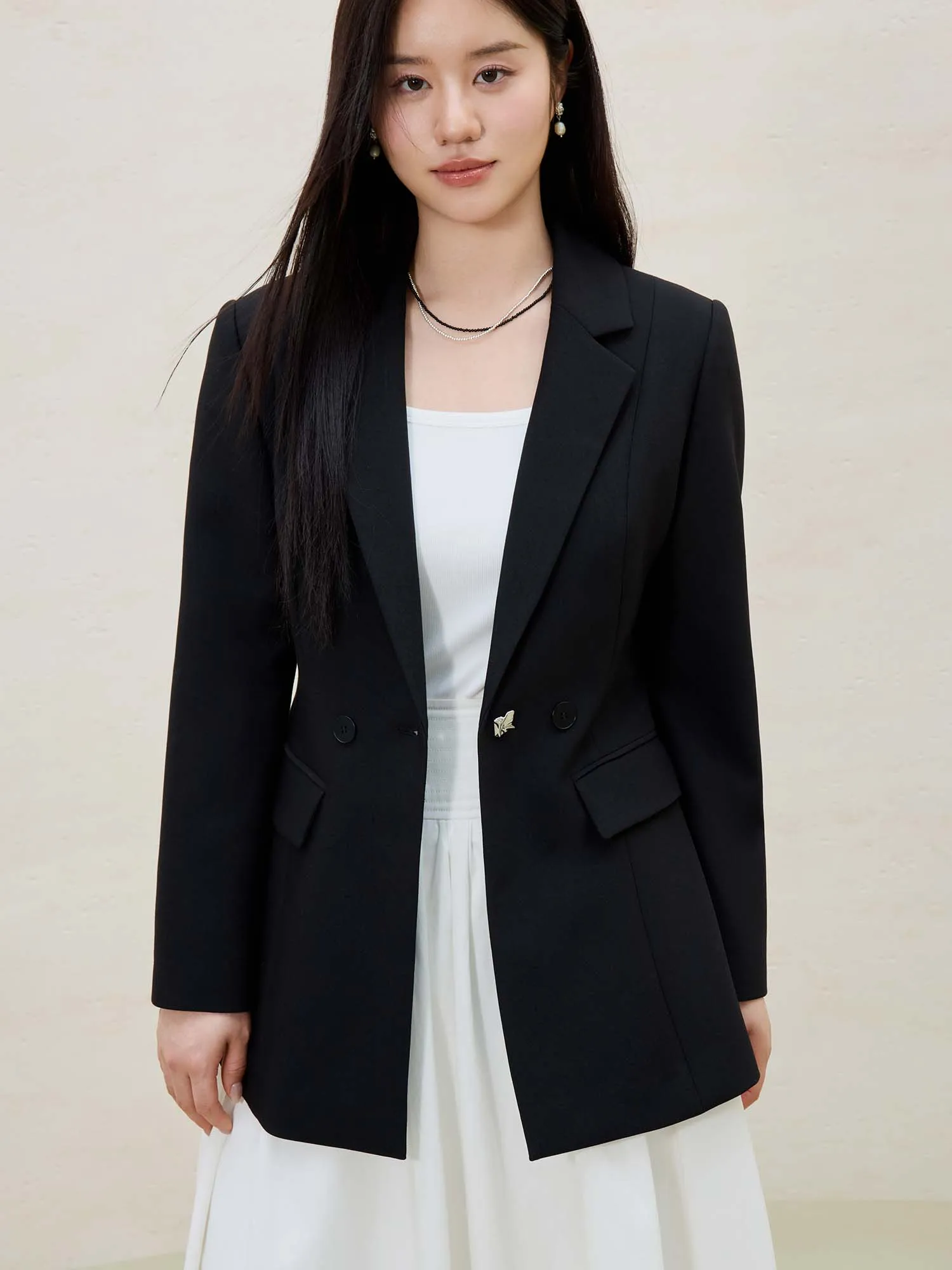 DUSHU Women Black Blazer 2025 Spring Simple Temperament Slim Blazers Coats Two Button Decoration Office Lady Coat 25DS81145
