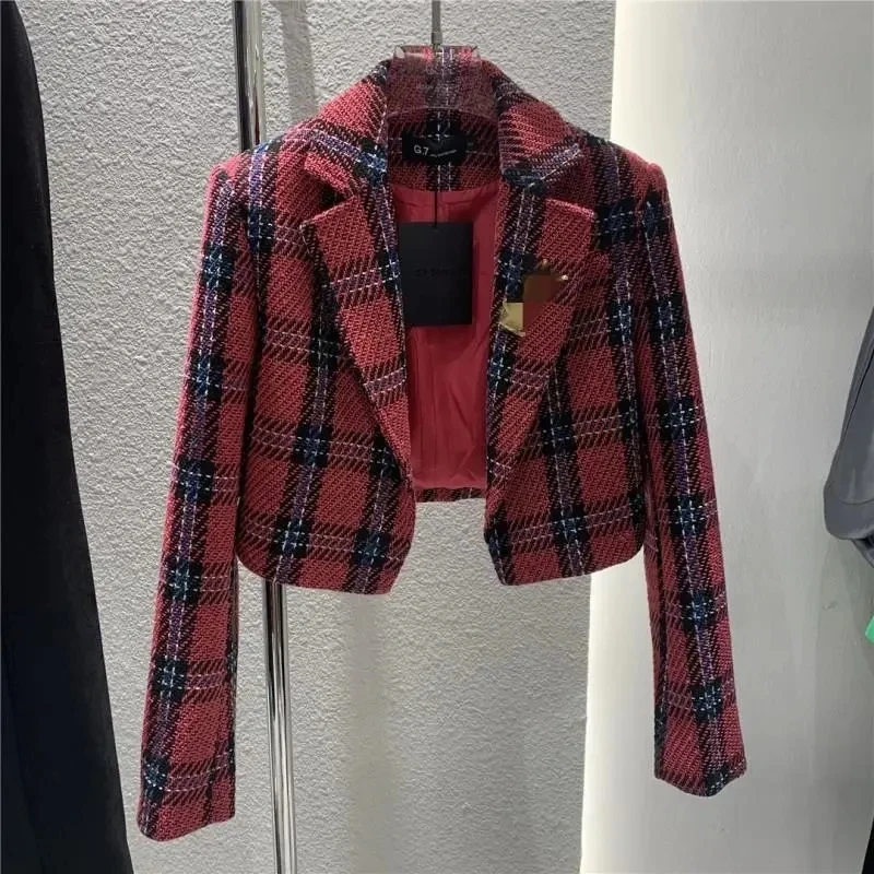 2024 Plaid Woolen Jacket Women High-waisted UltraShort Blazers Coat Spring Autumn Fashion Lady Suit Small Outerwear Casual Top