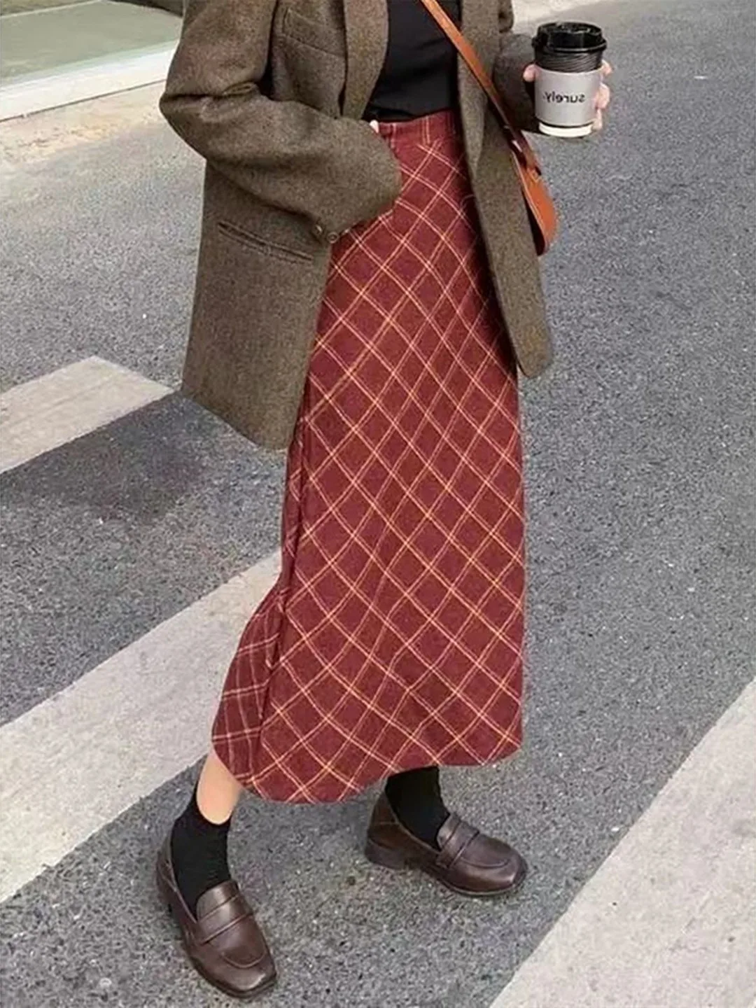 Cintura alta meados de comprimento de lã xadrez saia feminina outono inverno thiened a linha saia versátil vermelho id saia retro sle