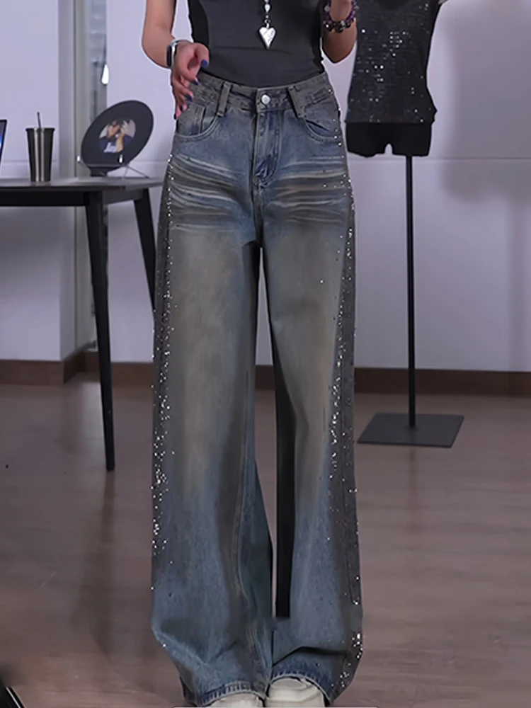 

Retro American Design Sparkling Rhinestone Distressed Denim Pants Women Summer Trendy Hot Girl Floor-Length Loose Fit Jeans