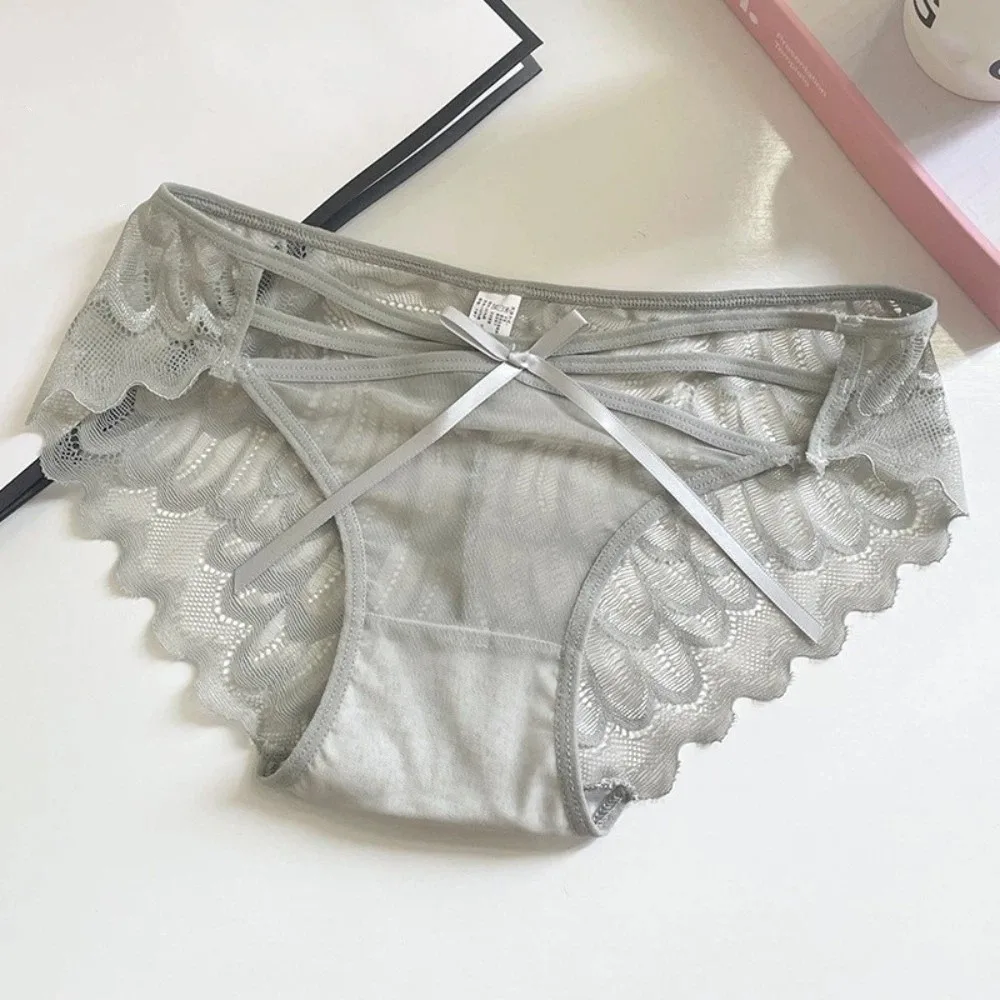 Breathable Low Waist Lace Panties Bow Transparent Underwear for Women Cotton Crotch Lingerie Mesh Flower Briefs Girl